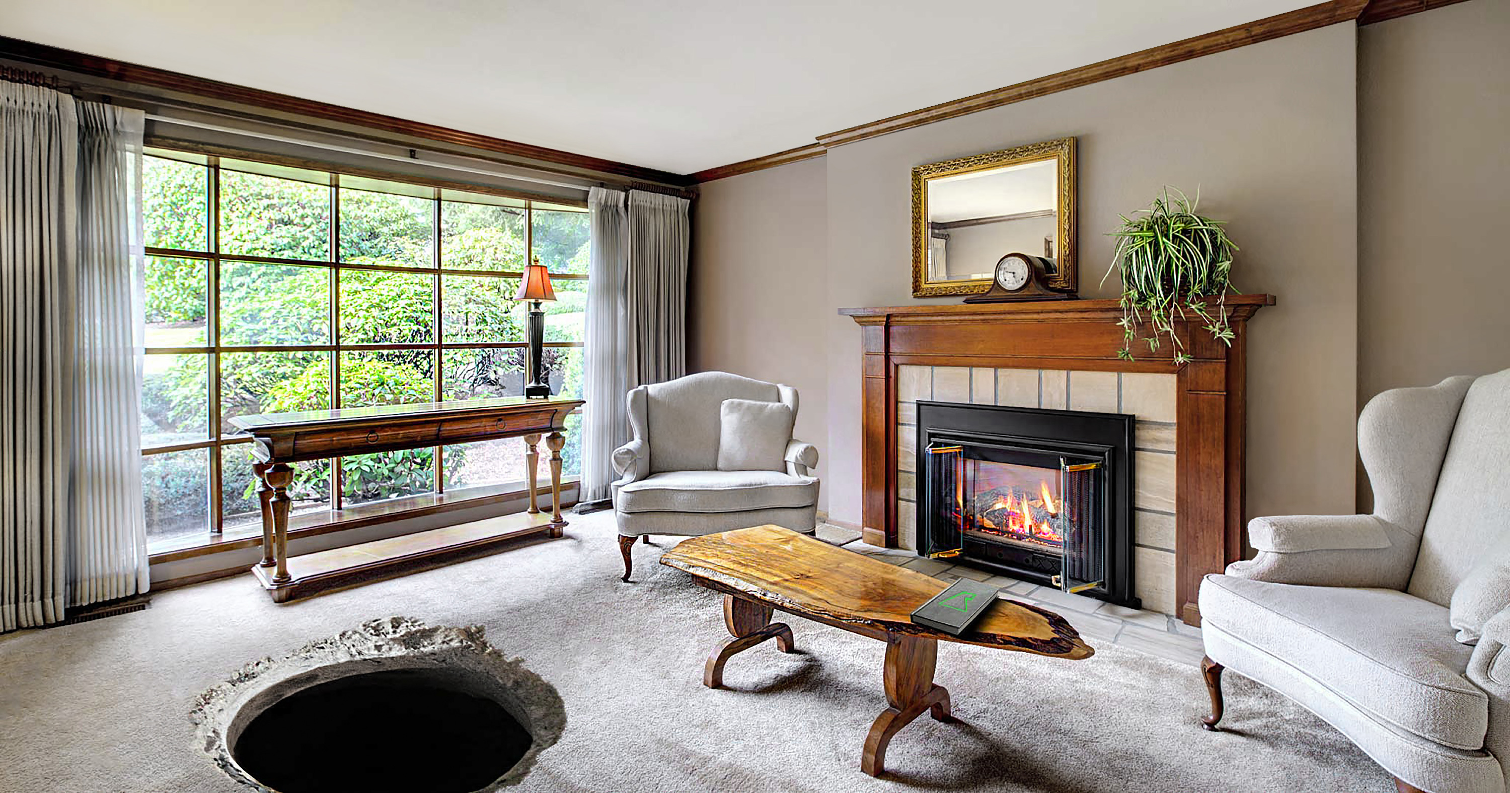 A nod to the scene in the movie Brazil when the Department Of Works drills a hole through Jill Laytons floor to arrest Archibald Buttle in the apartment below - Paul Clark