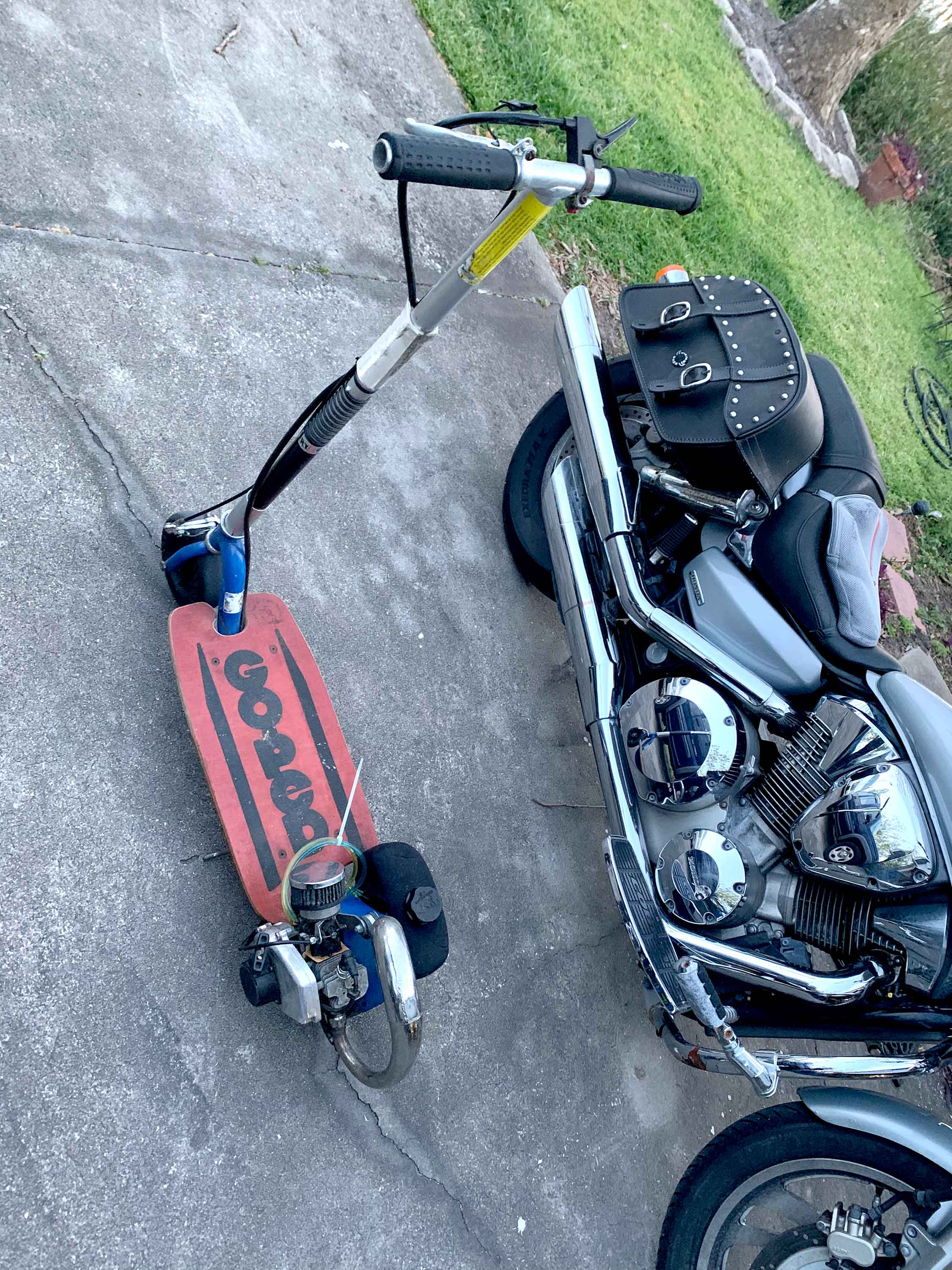 Honda VTX1300 big motorbike and goped deathtrap scooter bought at a yard sale and restored to working order for joyrides around the hood during the pandemic, making me the neighborhood nutter - Trevor Tanner