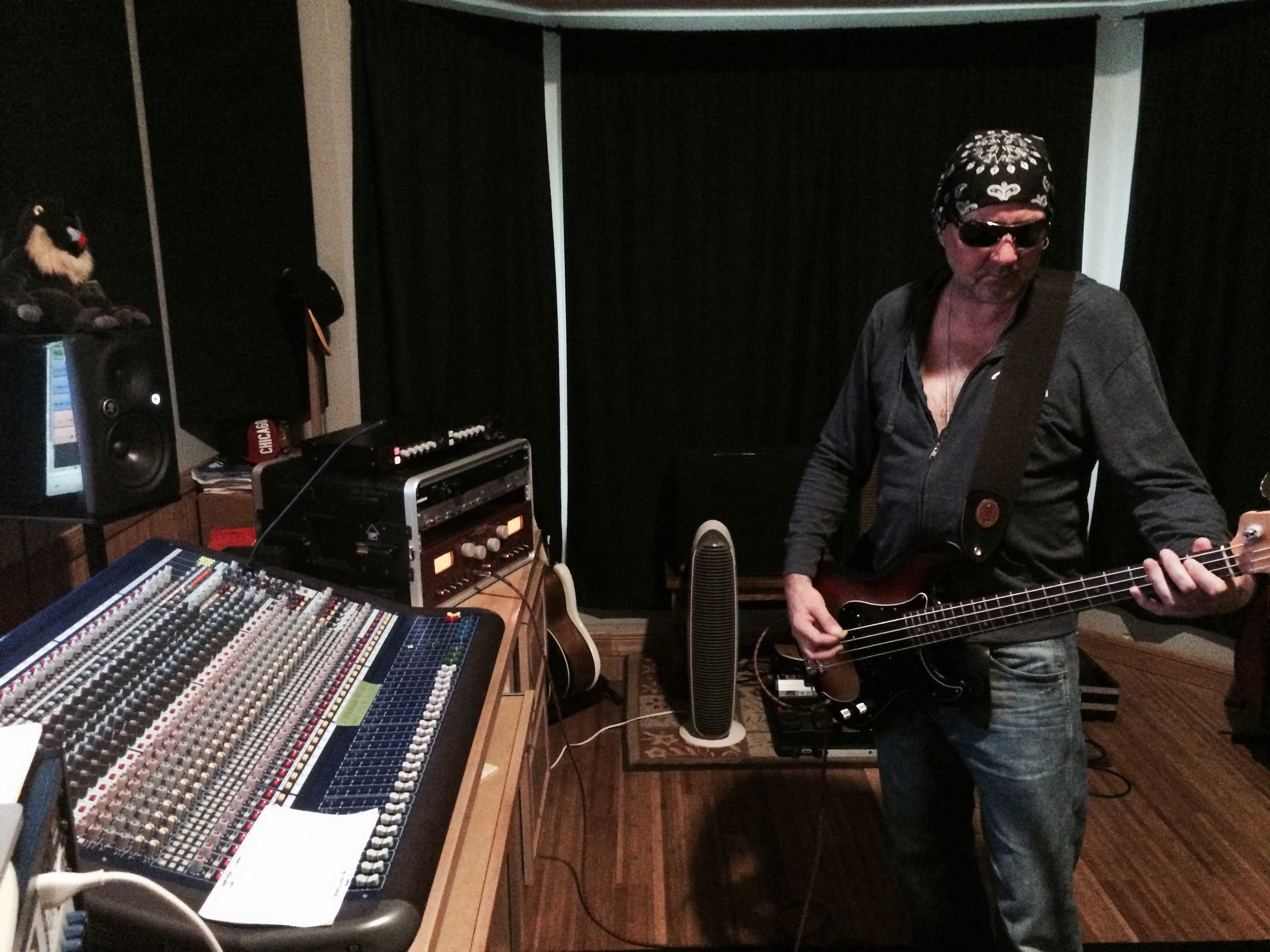 Recording Giants for the Favourites album at Stan Piper's studio playing a 70s p bass, which one day will be mine - Trevor Tanner